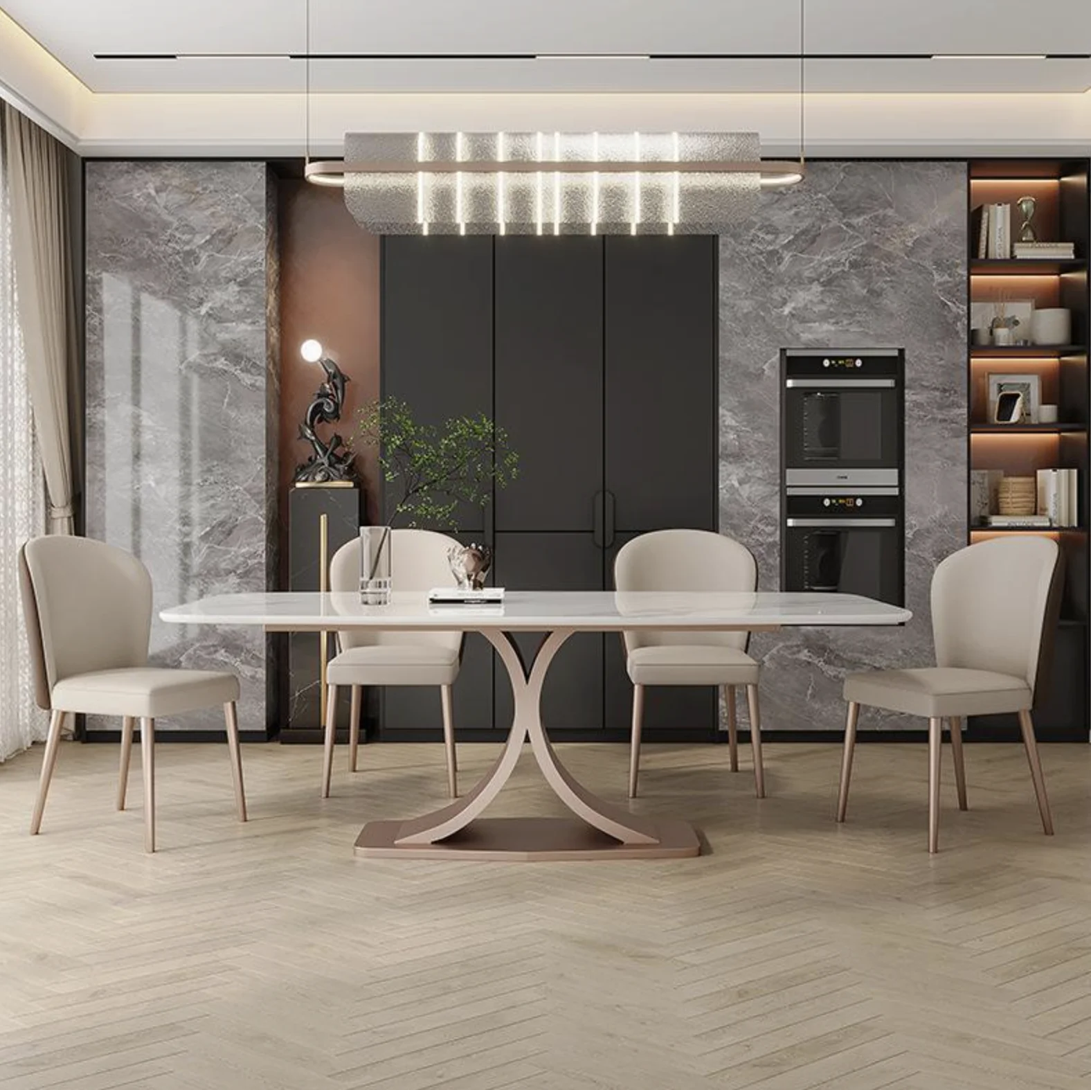 Luxury Modern 6-Seater Dining Table Set with 6 Chairs Sinered Stone 3D Model Design Full Dining Table with Big Slab Stone