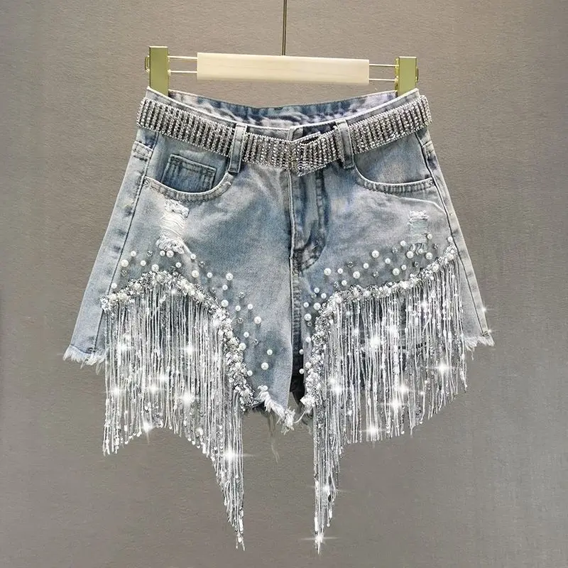 2022 Fashion Streetwear Korea Women High Waist Ripped Pearl Beaded Rhinestone Sequin Fringed Tassel Denim Ladies Jeans Shorts
