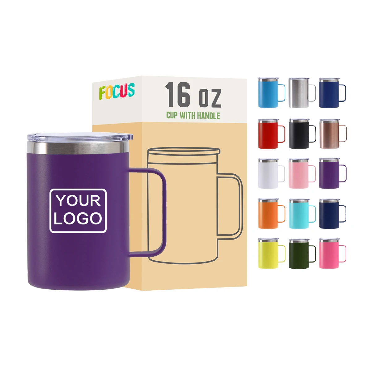 Custom Logo Purple 16 Oz Double Wall Vacuum Tumbler Cup Powder Coated Insulated Stainless Steel Coffee Mugs Handle With Lid