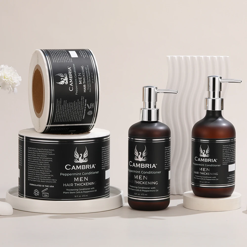 Custom logo printing silver foil sticker shampoo bottle cosmetic labels adhesive paper stickers roll for packaging