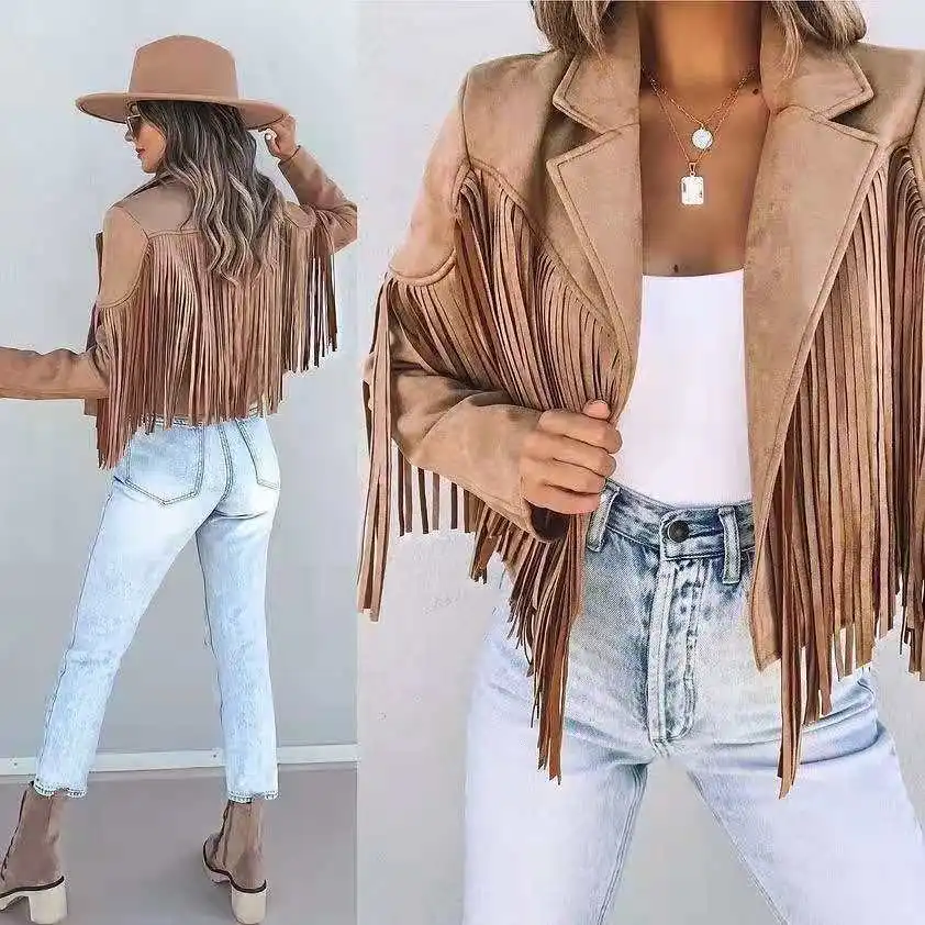 Women Pink Leather  Plus Size Fringe Tassel Crop Suede Jackets