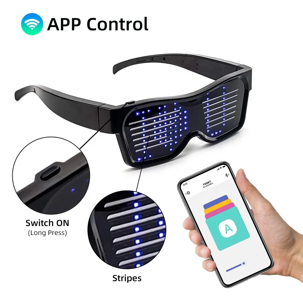 Eyewear Magic LED RGB Shining Smart Glasses for Party App Programmable Wireless USB Rechargeable Light up Glasses