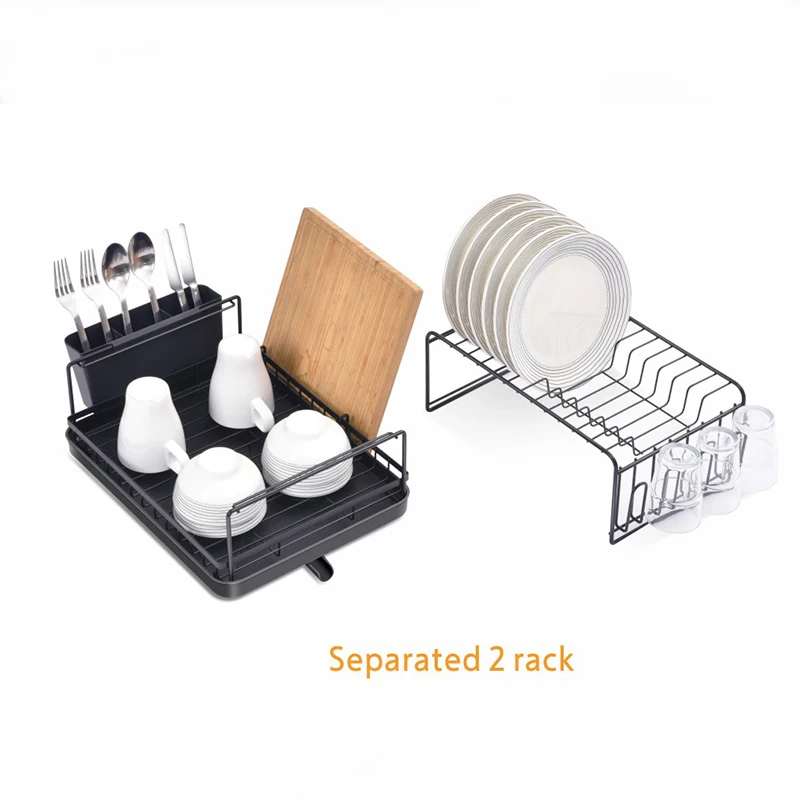 WIREKING 2 Layer Stackable Metal Dish Plates Rack Dish Drying Racks with Plastic Dish Drainer utensil holder