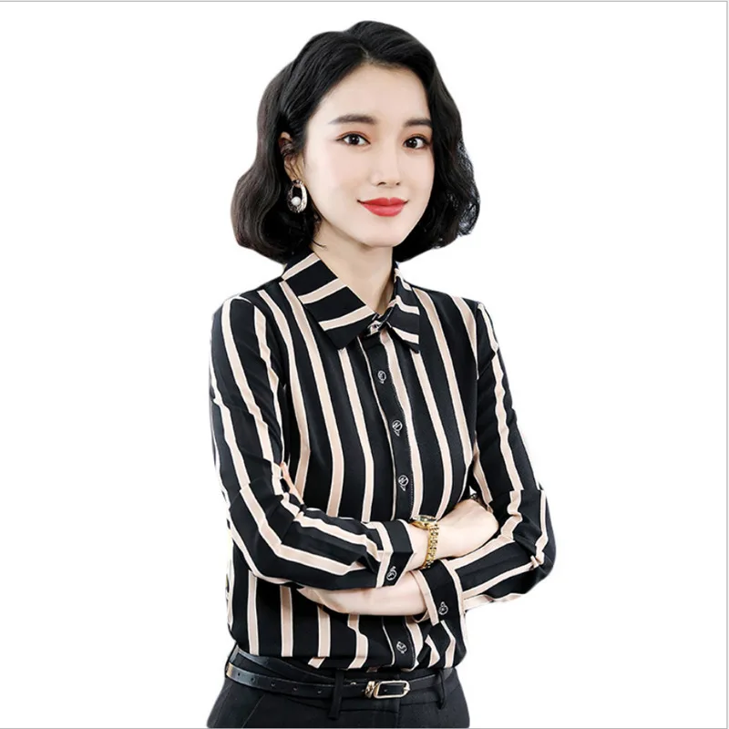 High Grade Professional Chiffon Top Long Sleeve Striped Print Office Shirt For Women