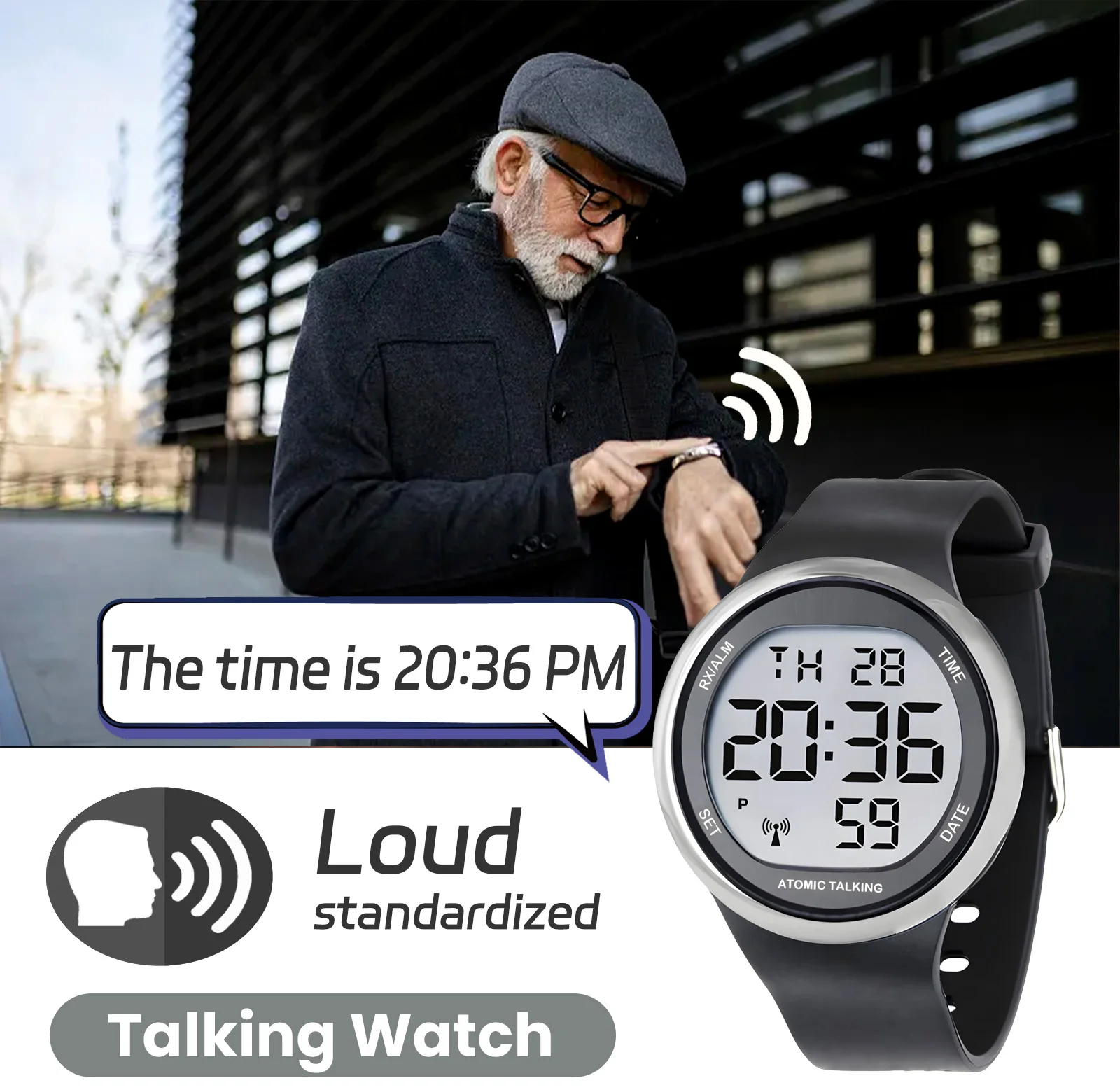 2024 Big LCD Radio Controlled Atomic Talking Digital Watch - Sets Itself Senses Metal Easy-to-Read