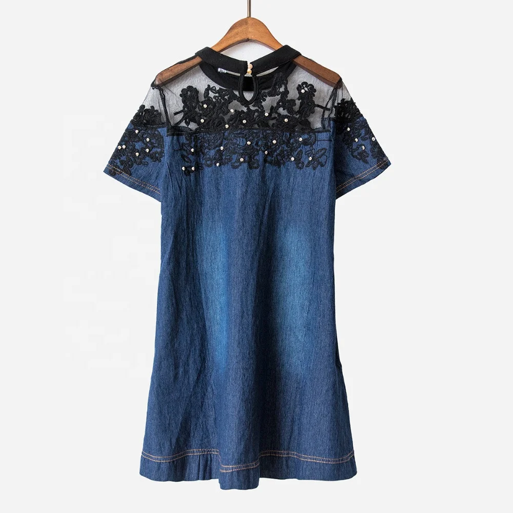 Plus Size S-4XL Embroidery Patchwork Lace Denim Dress Women Short Sleeve A-line Jeans Dresses D9N101B