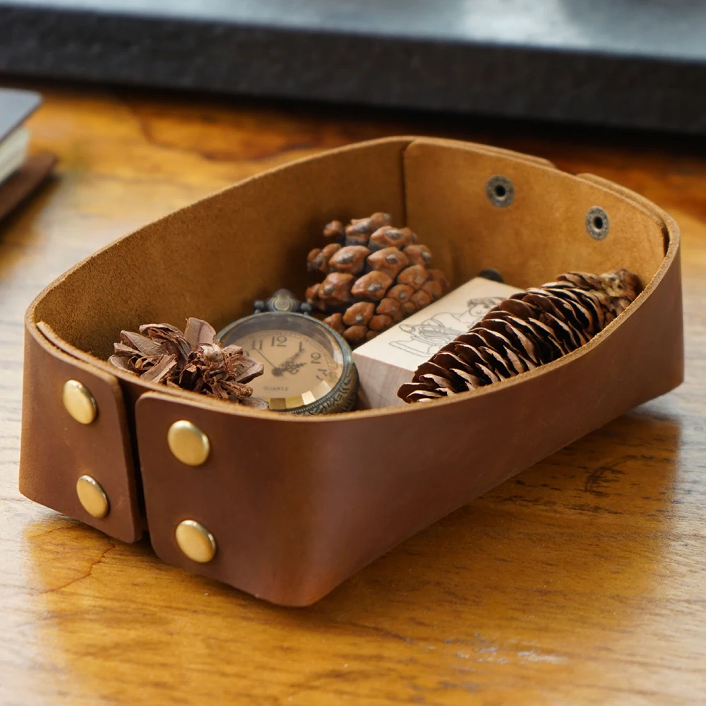 wholesale crazy horse leather tray genuine leather folding tray organizer tray for hotel button-type