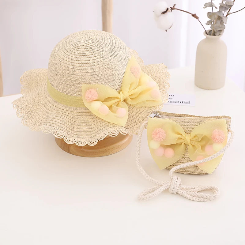 New Fashion Children Straw Bag and Hats Foldable Wide Brim Sun Grass Hat Outdoor Summer Beach Straw Bucket Hat