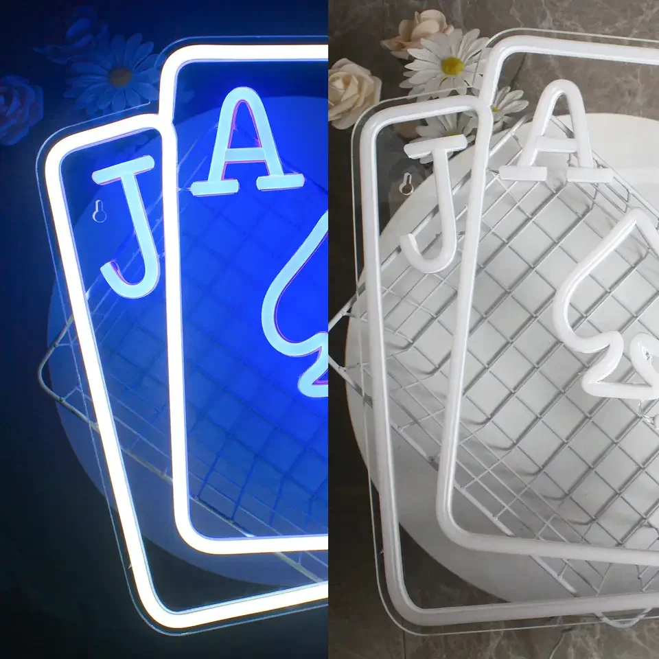 Playing Cards Neon Signs for Wall Decor Poker Teens Led Neon Light Blue White Usb Light Sign for Bedroom Casino Bar Hotel