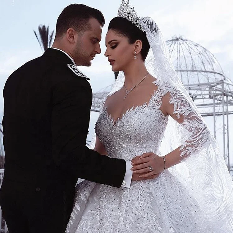 V-neck Luxury Crystal Wedding Dresses Turkey Istanbul China Manufacturer Long Tail Ball Gowns Wedding Dress For Women