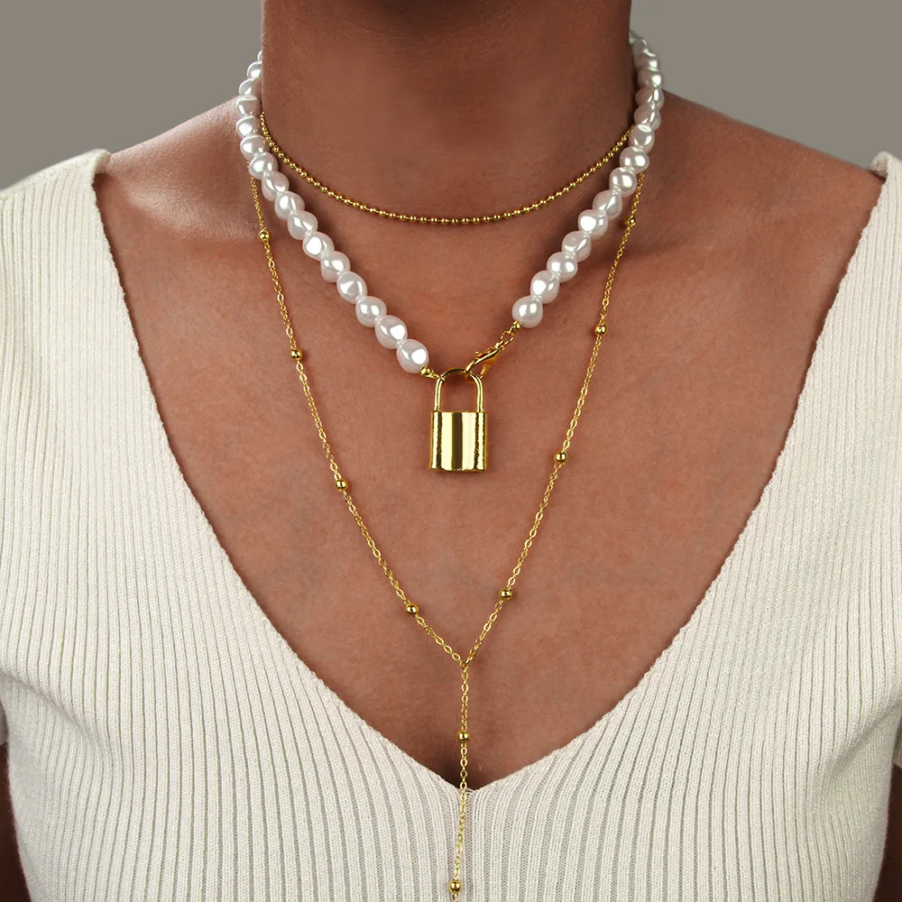 Double Layers Delicate Metal Gold Plated Chain And Pearl Lock Pendant Necklace