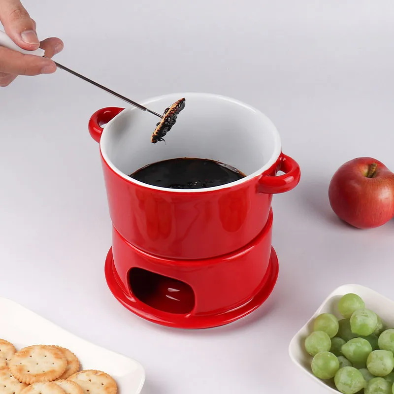 Wholesale Ceramic Ice Cream Hot Pot Porcelain Chocolate Cheese Fondue Pot Set