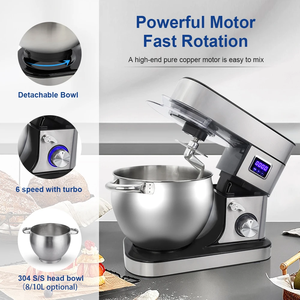 China Factory OEM ODM 2000W Stand Mixer 6 Speed Cake Mixer with Dough Hook Wire Whip