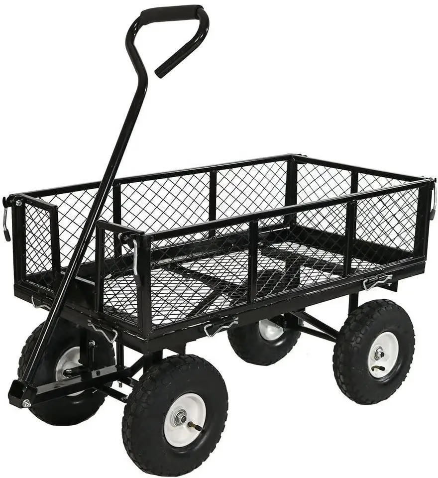 4 Wheel 990 Lbs Heavy Duty Steel Rolling Utility Wagon Yard Garden Dump Lawn Cart Flower Cargo Garden Wagon Beach Trolley