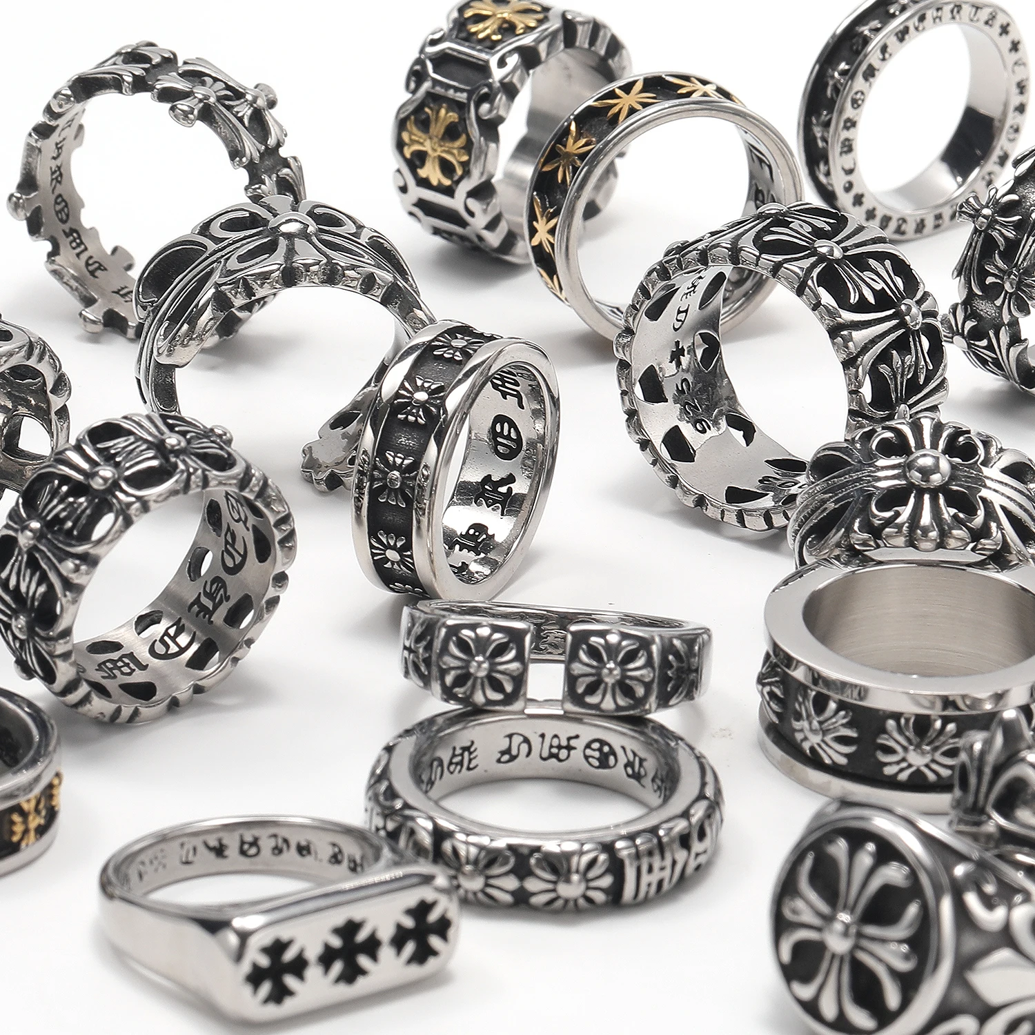 Factory Wholesale Stainless Steel chrom Rings New Retro Style Hop Punk Personality Collection Heart Jewelry for Men