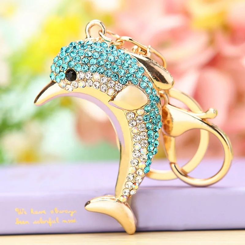 Hot Sale Customize Animal Dolphin Shiny Luxury Colorful Stone Metal Zinc Alloy Key chains