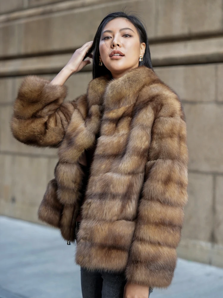 Luxury Real Russian Sable Fur Coat Winter Warm Long Sleeve Standing Collar Mink Coat With Pocket