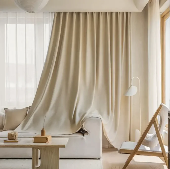 Customized Blackout Curtains Smooth Beige Fabric Silk Curtains For Living Room And Bedroom