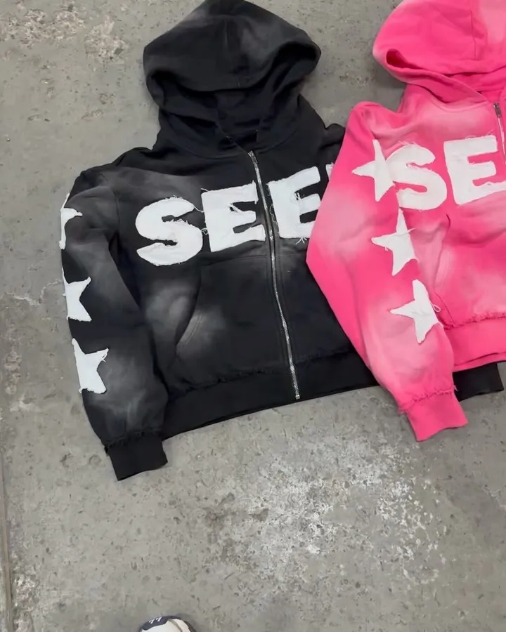 OEM Heavy Weight Zip up Hoodies With Raw Hem Sweatpants Acid Wash Stone Vintage 2 Piece Distresses Tracksuit for Man or Women
