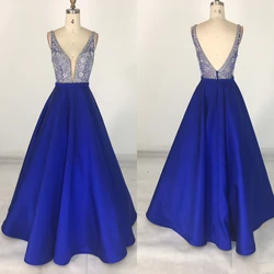 Sexy V neck backless long royal blue prom dresses for formal evening party