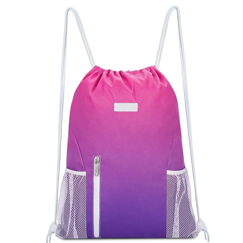 Large rainbow draw string bag waterproof polyester soccer ball drawstring backpack with mesh pocket