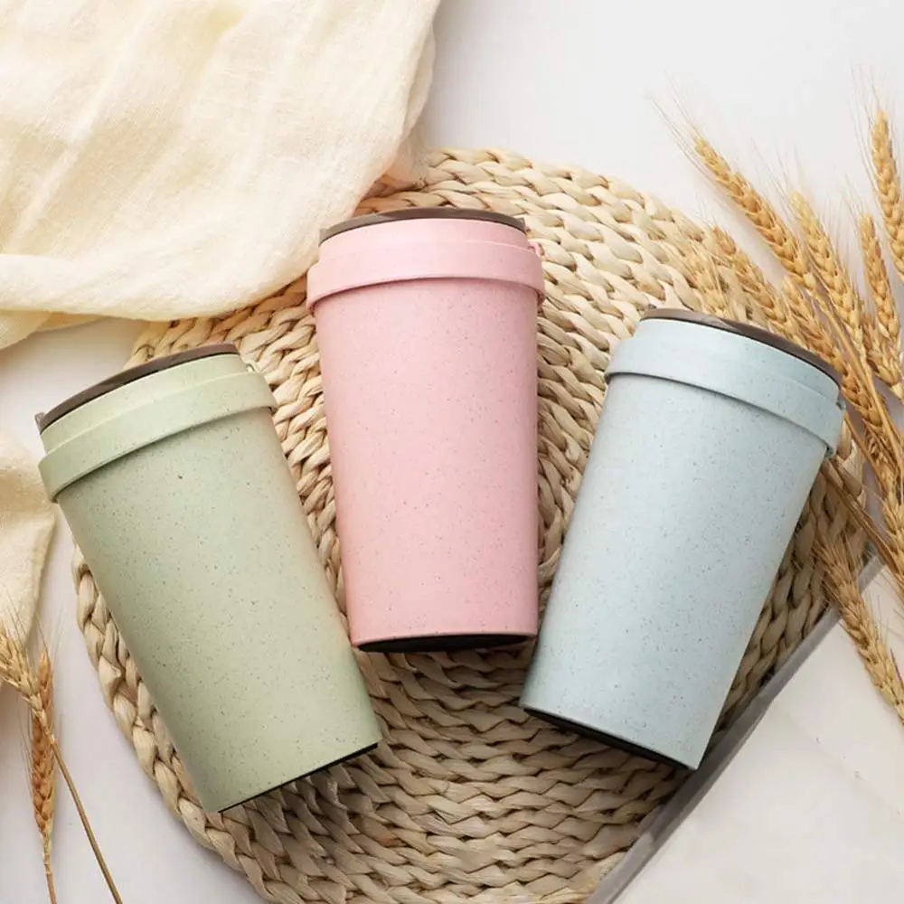 400ml Wheat Straw Cellulose Made Leak Proof Double Layer Heat Insulate Water Bottle Coffee Cup with Handle Creative Fashion