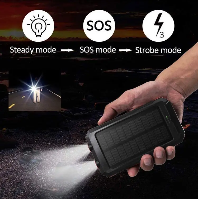 20000mah IP67 IPX6 Solar Power Bank Charger Waterproof Type C Input Port Dual Portable Solar Panel Charging for Cellphone