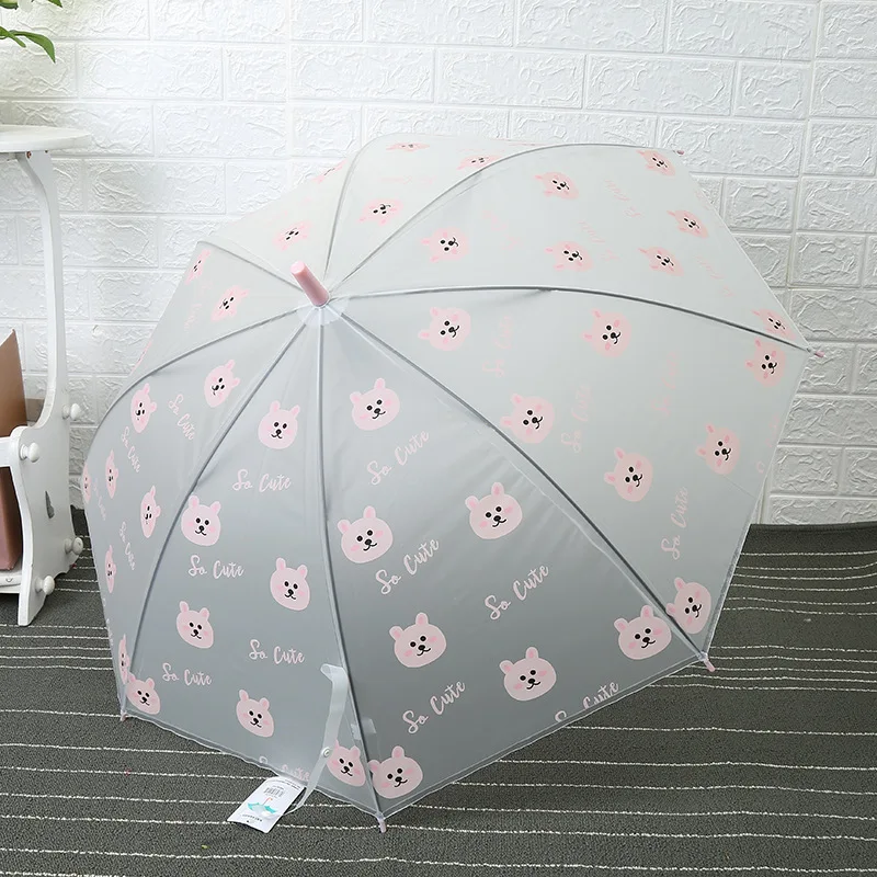 Kids Windproof Clear White Rainy Umbrella Fruit Animal Print Stick Shaft Long Straight Children Transparent Umbrellas