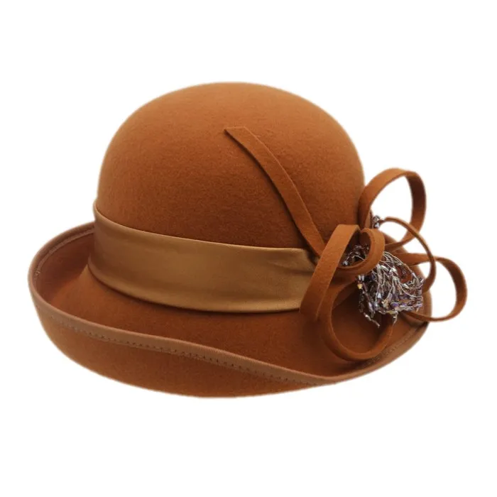 2019 new hot sell 100% Wool Felt Cloche Bucket Bowler Hat Wedding Hats Winter Women Church Hats wide upturn brim