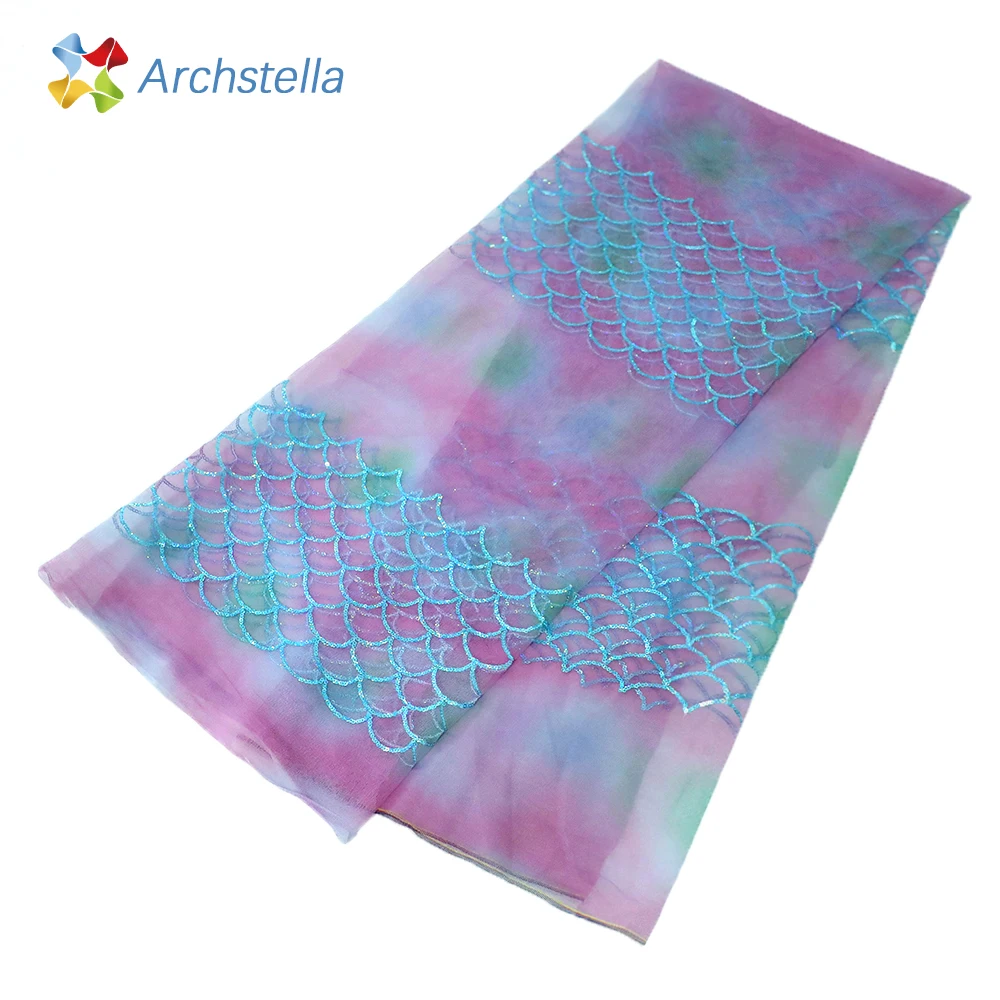 ARCHSTELLA  Mermaid scales sequins on printed tulle shiny evening dress fabric