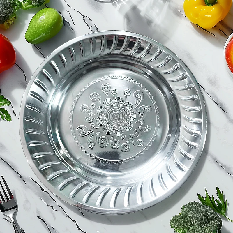 Wholesale Stainless Steel Round Fruit Plate Metal Sliver Plate Barbecue Plate Steel Food Serving Trays