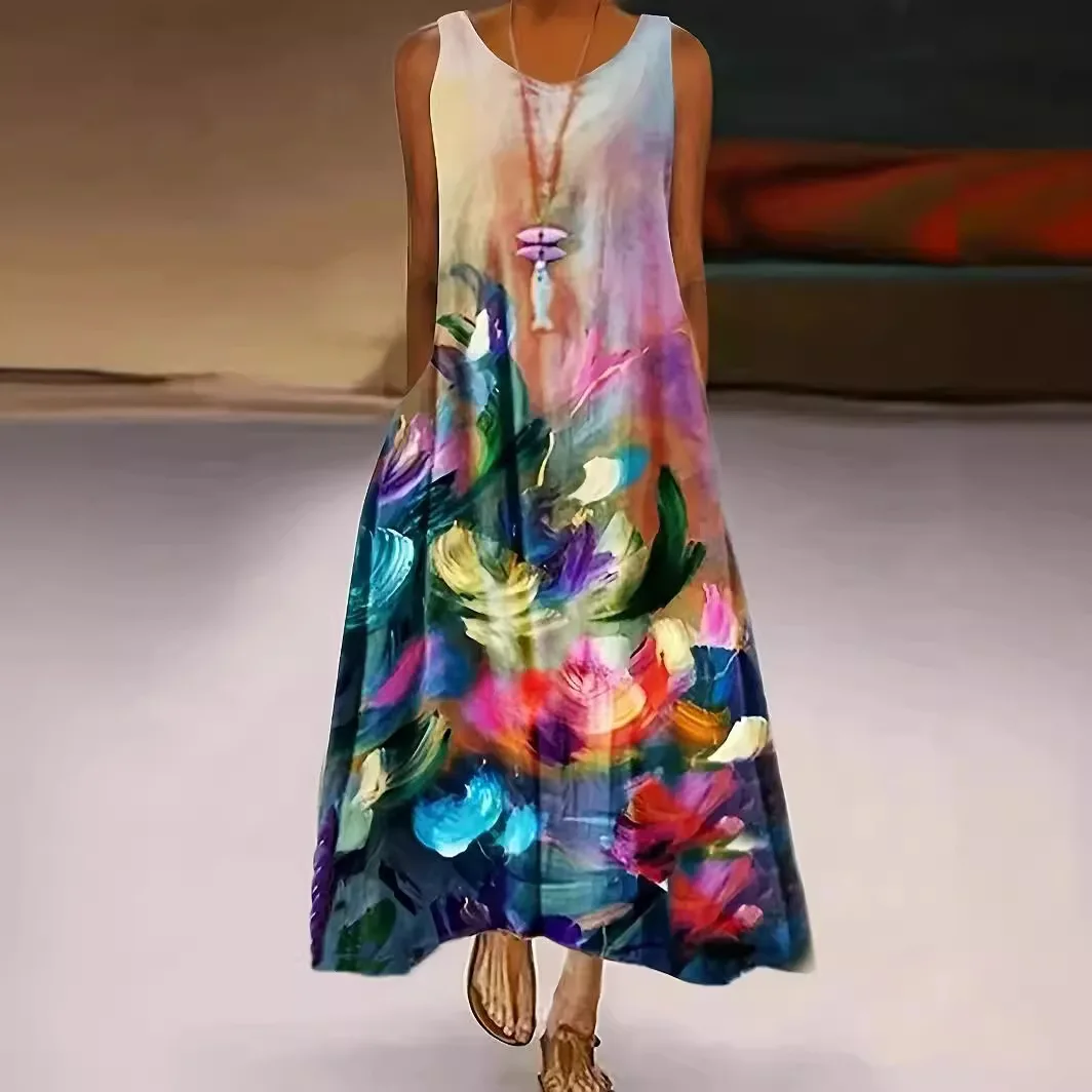 W4053 Wholesale Best Selling Plus Size Loose Sleeveless Long Robe Casual Maxi Dress Fat Women Summer Dresses