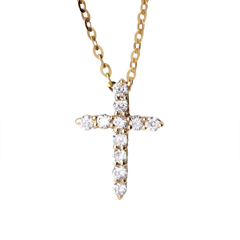 18K Solid Gold Real Diamond Cross Pendant Gold Necklace for Women