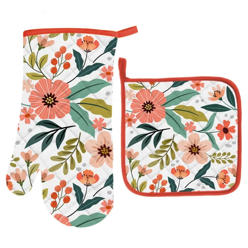 Personalized Custom Flower Pattern Printed Kitchen Chef Bib Apron Logo Cooking Design Oven Mitt Tea Towel Cotton Apron Sets