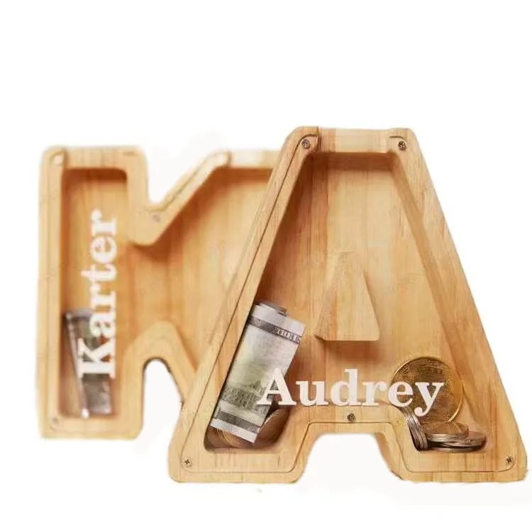 Best selling pretty and colorful wooden letter adult money box piggy bank