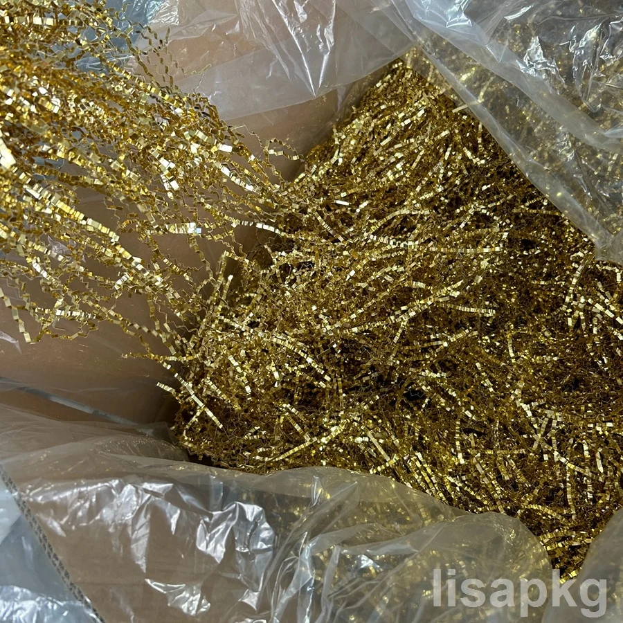 Glossy Shiny Wave Type Gold Paper Raffia Gift Box Filler Glitter Gold foil Shredded Paper for gifts makeup beauty boutique