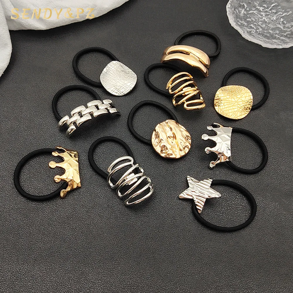 Hot selling new gold silver pentagram crown geometric alloy hair ties women ponytail  elastic metal hair rope