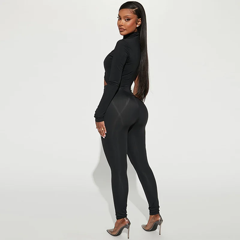 High-Quality Fashion Sexy Club Outfits Summer Solid Single Sleeve Cut Out One Piece Pants Bodycon Women Sexy Jumpsuit