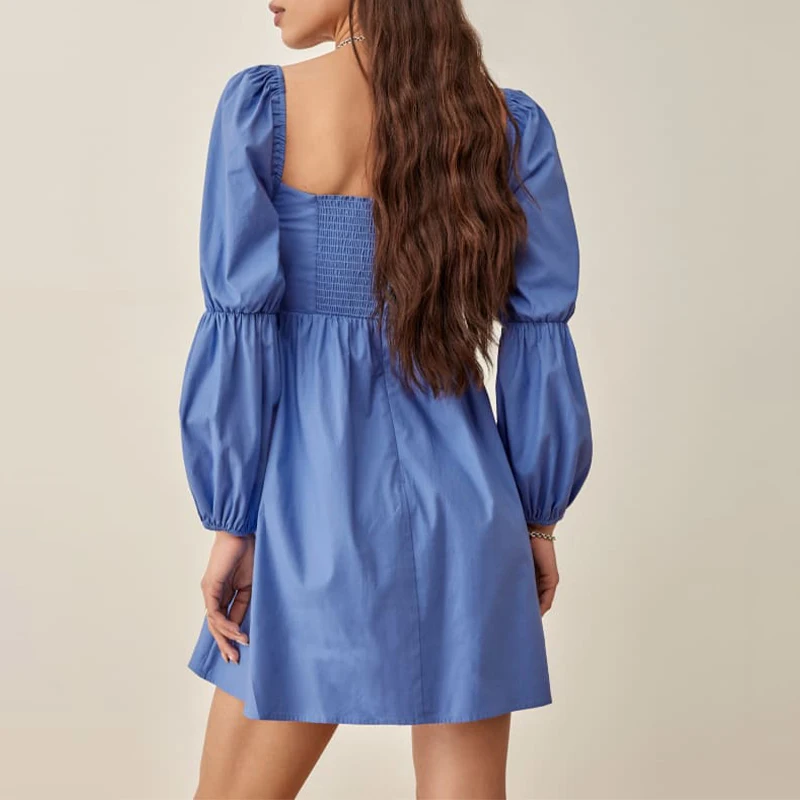New arrival mini dress baby doll dramatic Double puffed sleeves blue Unlined skirt mini casual dress for women