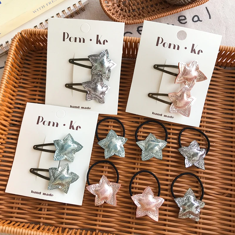 Korean new style children's small fresh solid color hairband girl baby sweet star hair rope baby flash rubber band wholesale