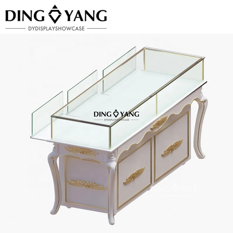 OEM Wooden Glossy White Gold European Jewelry Showcase Counter Retail Shop Jewelry Showcase With Lockable Storage