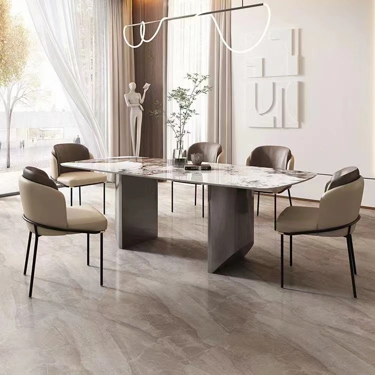 Luxury metal dining table unique shape dining table designs marble top long sintered stone rock dinner table villa house garden