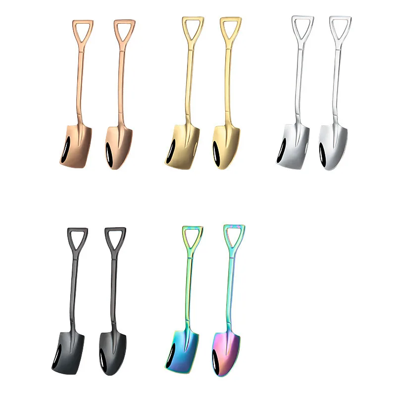 Summer Hot sell Gold Stainless Steel Small Shovel Shaped Scoop Design Mini Rainbow Cake Tea Coffee Ice Dessert Spoon