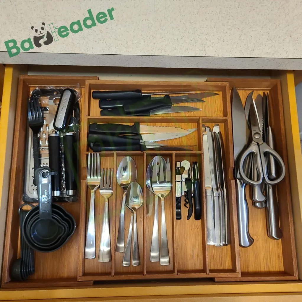 Custom Bamboo Wood Drawer Organizer Expandable Bamboo Cutlery Tray Drawer Dividers Organizer for Utensils Holder