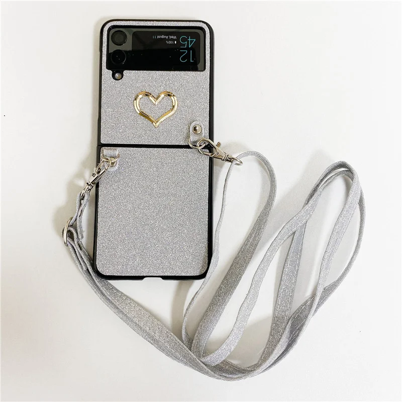 Luxury Glitter Bling 3D Love Heart PU Leather Phone Case for Samsung Galaxy Z Flip 3 Z Flip4 5G Shoulder Lanyard Fold3 Fold 4