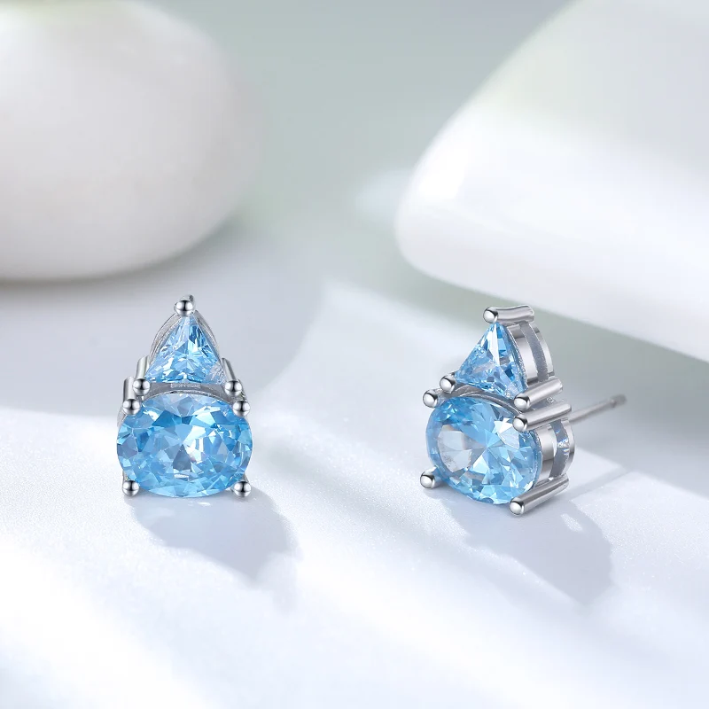 RINNTIN SE299 Natural Blue Topaz CZ 925 Sterling Silver Stud Earrings Blue Topaz Luxury Triangle Oval Cut Stone Earrings