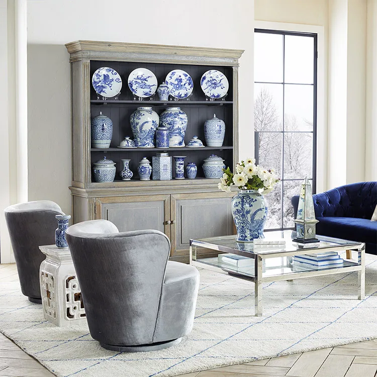 Norwegian Rustic Style Living Room Furniture Dark Blue Recycled Pine Wood Showcase Antique Wooden Display Cabinet