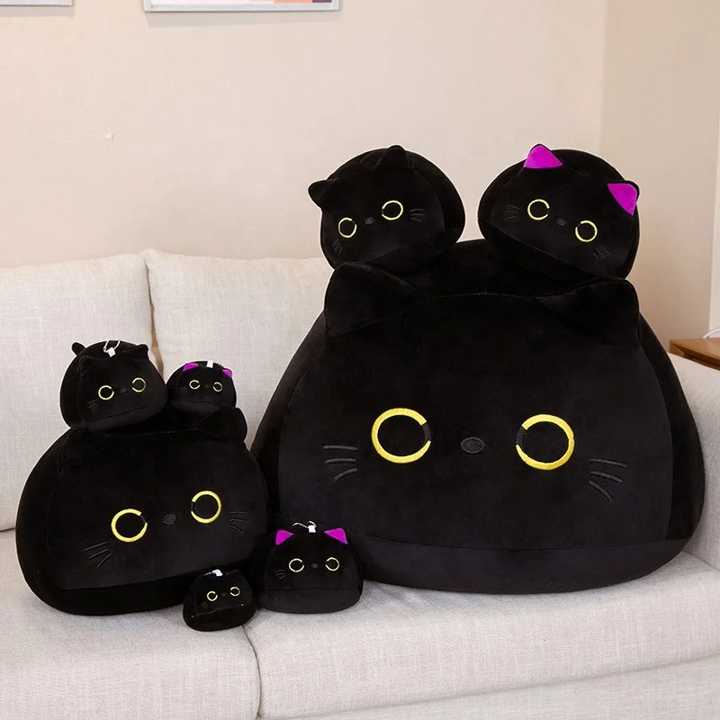 Custom Cute Black Cat Plush Toy Round Ball Shaped Black Cat Toy Stuffed Soft Cat Pillow Cushion Kids Toys  Gift