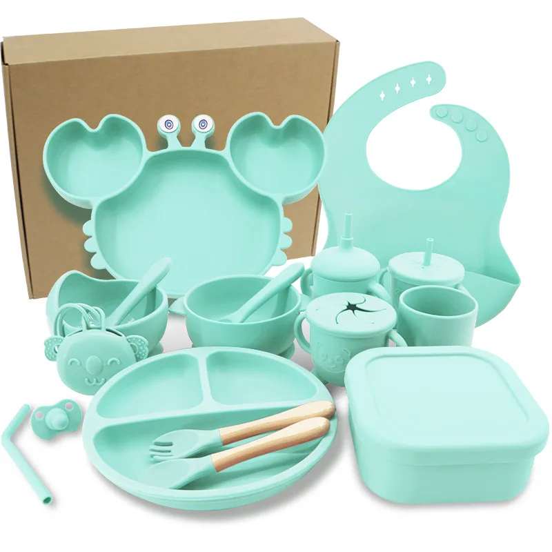 Crab dinner plate 17-piece set baby dinner plate silicone supplementary food bowl cartoon grid plate suction cup tableware