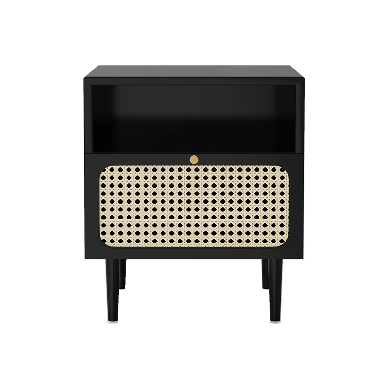 Rattan End Table White Painting Nightstand MDF Wooden Bedroom Rattan Bedside Table